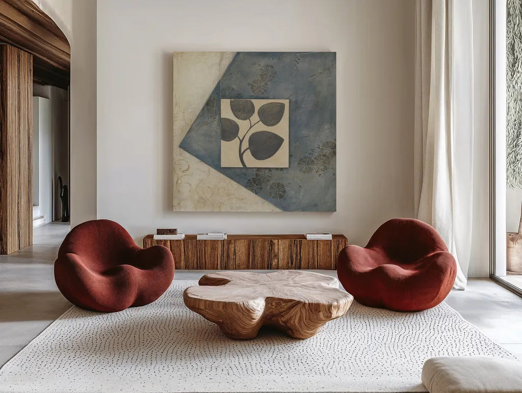 Blue Silk I by Avery Tillmon. Shown as extra-large giant wall art in a modern living room. Available as an archival giclee rolled canvas, fine art paper, or poster print. SKU 49696a.