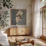 Blue Silk II by Avery Tillmon. Shown in a natural wood frame in a cozy modern living room. Available as an archival giclee rolled canvas, fine art paper, or poster print. SKU 49697a.