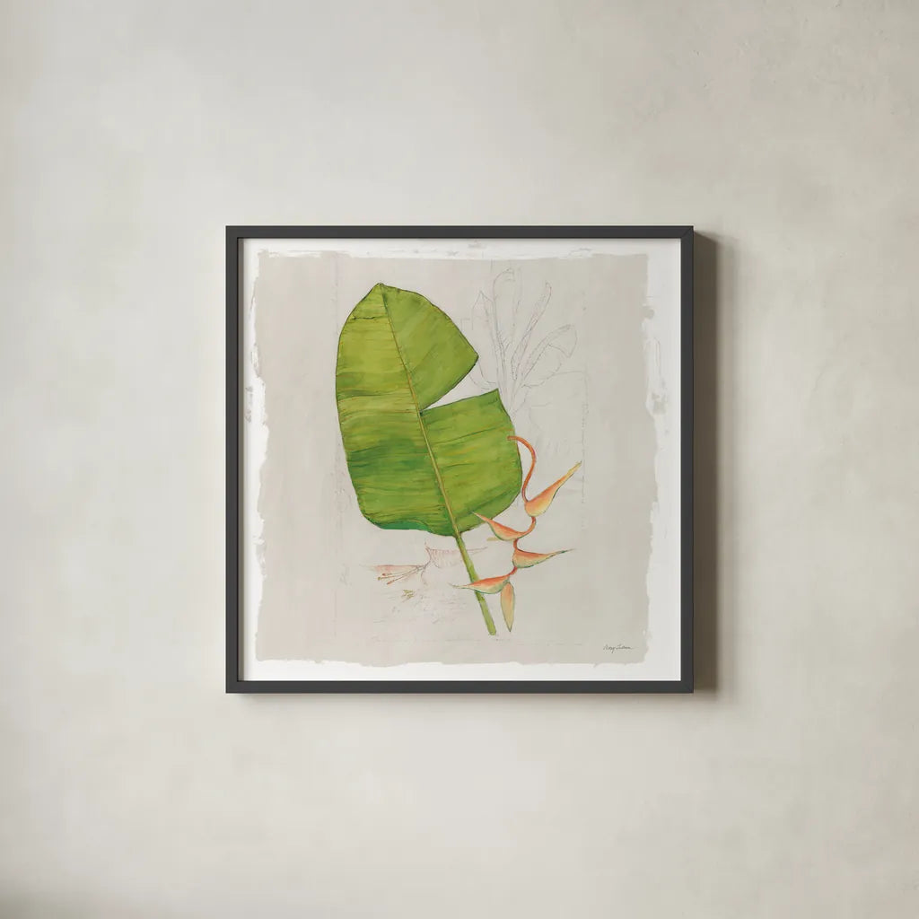 Botanical Journal I Light Sq by Avery Tillmon. Shown in a sleek black glass frame for a contemporary gallery look. Available as an archival giclee rolled canvas, fine art paper, or poster print. SKU 56504a.