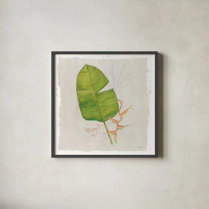 Botanical Journal I Light Sq by Avery Tillmon. Shown in a sleek black glass frame for a contemporary gallery look. Available as an archival giclee rolled canvas, fine art paper, or poster print. SKU 56504a.