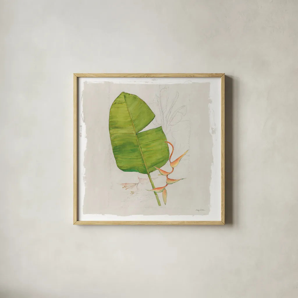 Botanical Journal I Light Sq by Avery Tillmon. Shown in a natural wood glass frame for a timeless modern aesthetic. Available as an archival giclee rolled canvas, fine art paper, or poster print. SKU 56504a.