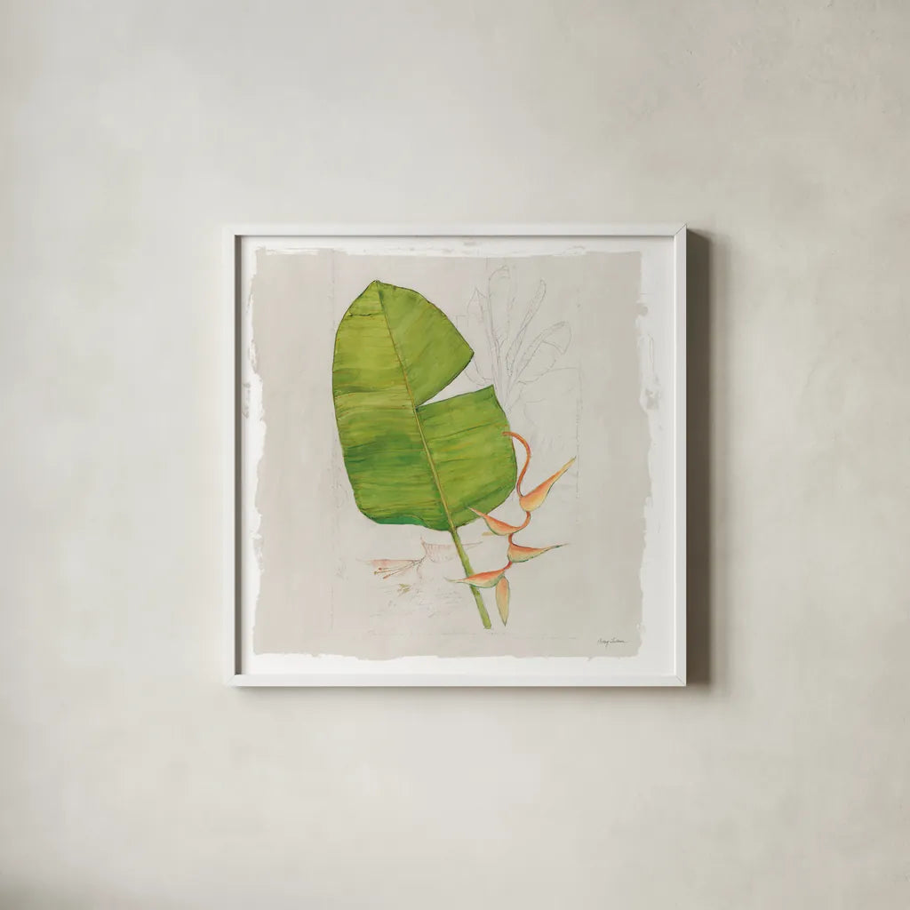 Botanical Journal I Light Sq by Avery Tillmon. Shown in a crisp white glass frame for a clean and minimalist style. Available as an archival giclee rolled canvas, fine art paper, or poster print. SKU 56504a.