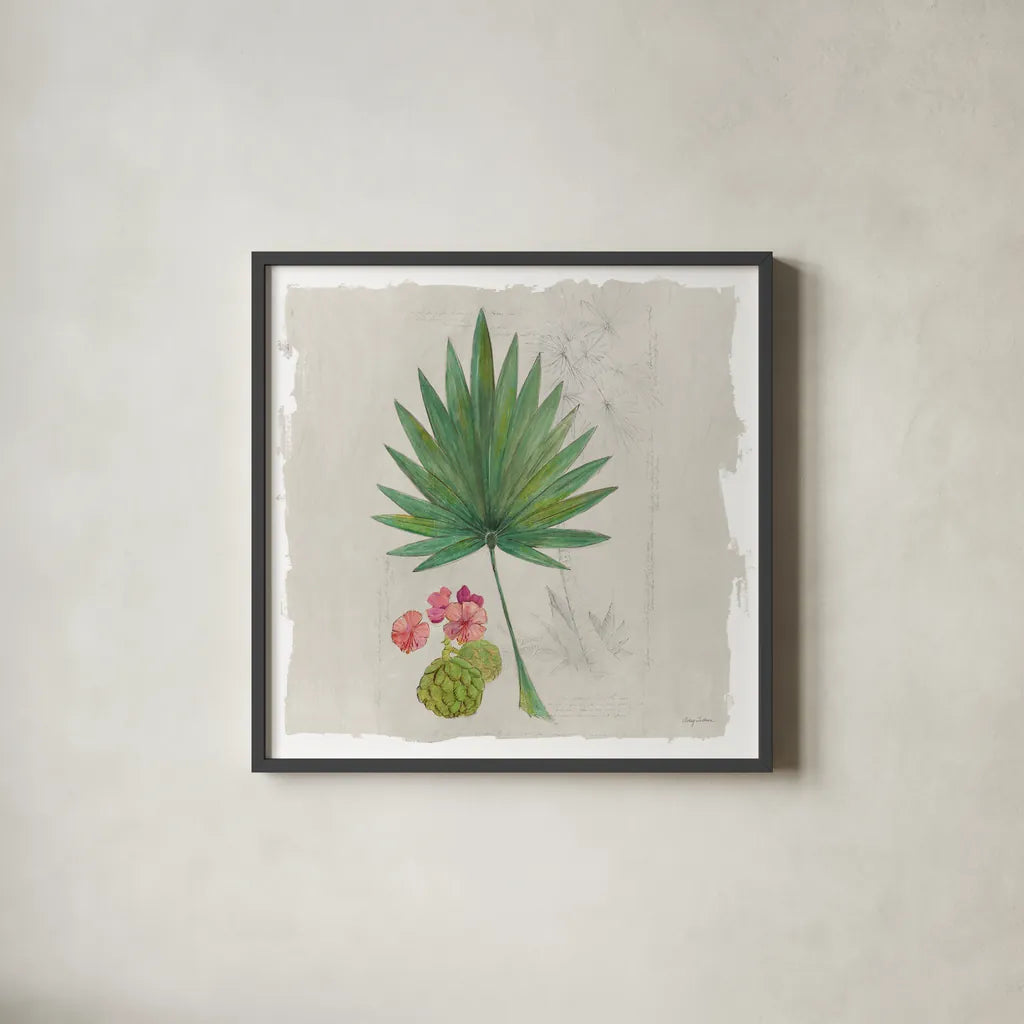 Botanical Journal II Light Sq by Avery Tillmon. Shown in a sleek black glass frame for a contemporary gallery look. Available as an archival giclee rolled canvas, fine art paper, or poster print. SKU 56509a.