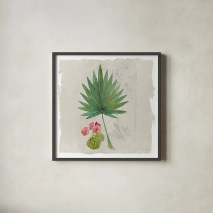 Botanical Journal II Light Sq by Avery Tillmon. Shown in a sleek black glass frame for a contemporary gallery look. Available as an archival giclee rolled canvas, fine art paper, or poster print. SKU 56509a.