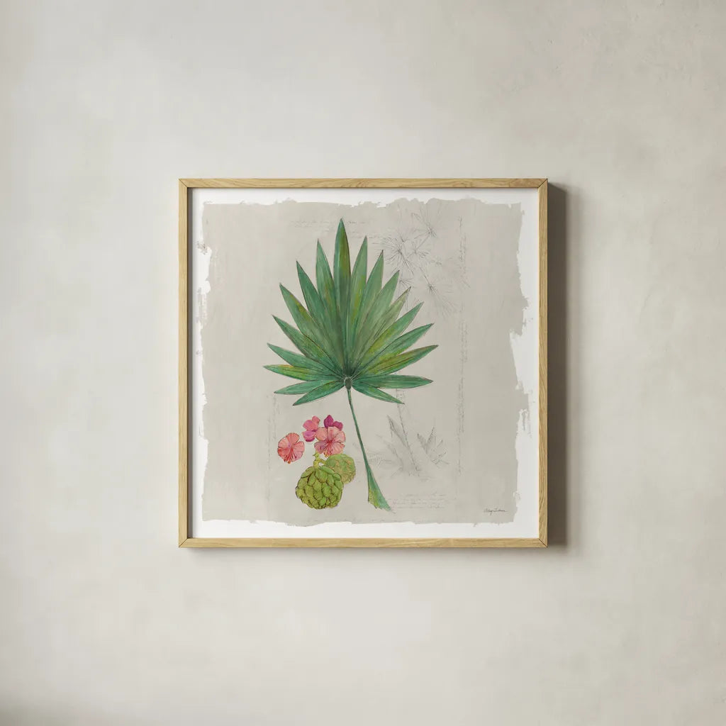 Botanical Journal II Light Sq by Avery Tillmon. Shown in a natural wood glass frame for a timeless modern aesthetic. Available as an archival giclee rolled canvas, fine art paper, or poster print. SKU 56509a.