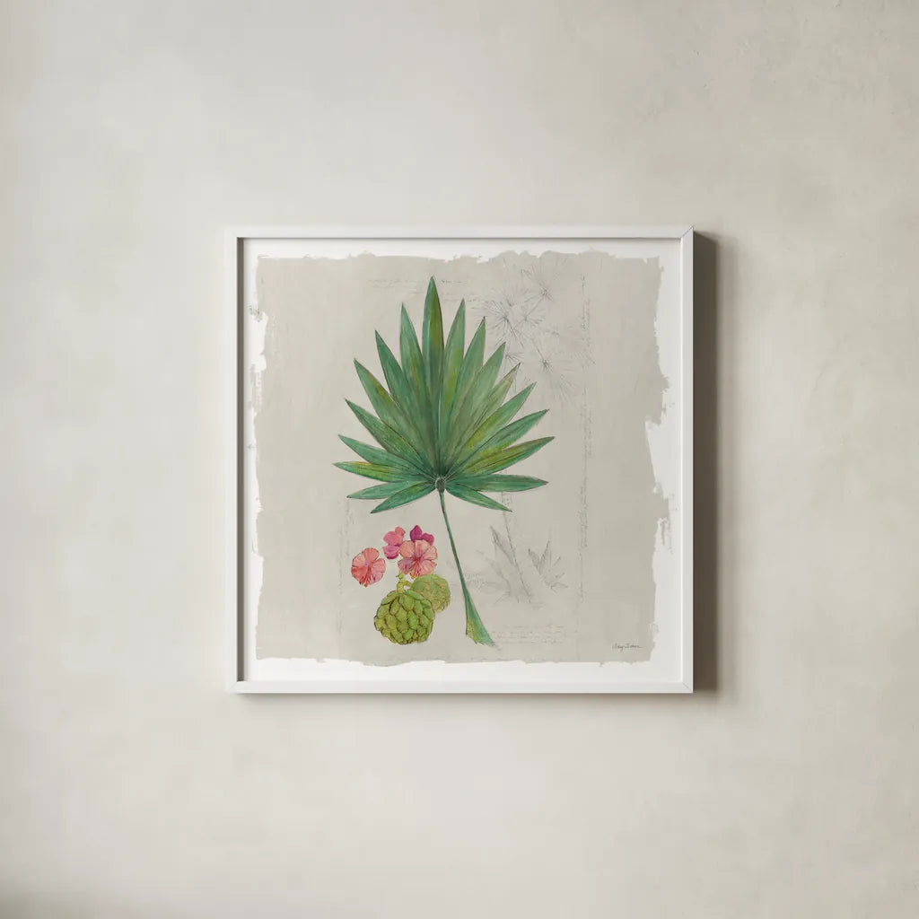 Botanical Journal II Light Sq by Avery Tillmon. Shown in a crisp white glass frame for a clean and minimalist style. Available as an archival giclee rolled canvas, fine art paper, or poster print. SKU 56509a.