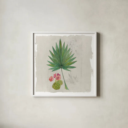 Botanical Journal II Light Sq by Avery Tillmon. Shown in a crisp white glass frame for a clean and minimalist style. Available as an archival giclee rolled canvas, fine art paper, or poster print. SKU 56509a.