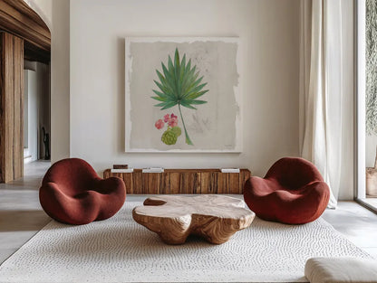 Botanical Journal II Light Sq by Avery Tillmon. Shown as extra-large giant wall art in a modern living room. Available as an archival giclee rolled canvas, fine art paper, or poster print. SKU 56509a.