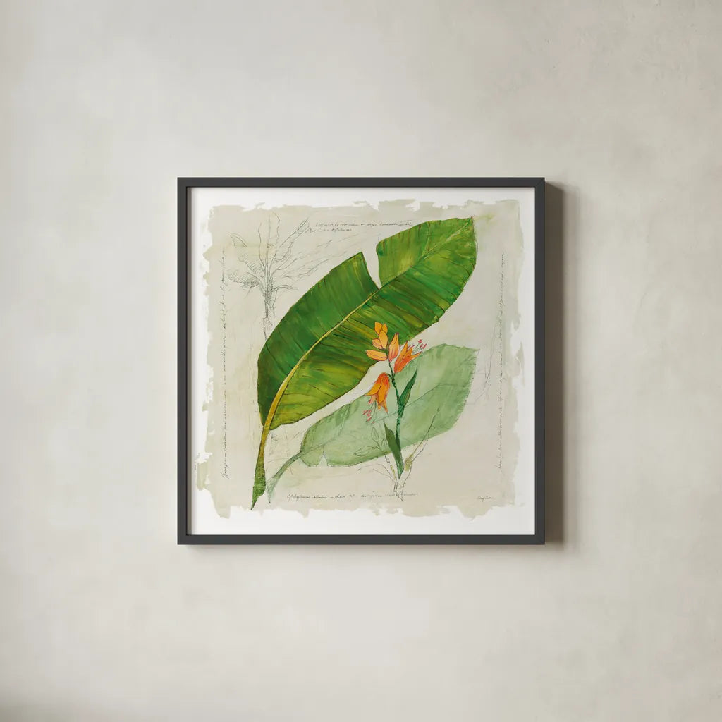Botanical Study I Light by Avery Tillmon. Shown in a sleek black glass frame for a contemporary gallery look. Available as an archival giclee rolled canvas, fine art paper, or poster print. SKU 47397a.