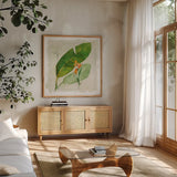 Botanical Study I Light by Avery Tillmon. Shown in a natural wood frame in a cozy modern living room. Available as an archival giclee rolled canvas, fine art paper, or poster print. SKU 47397a.