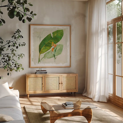 Botanical Study I Light by Avery Tillmon. Shown in a natural wood frame in a cozy modern living room. Available as an archival giclee rolled canvas, fine art paper, or poster print. SKU 47397a.