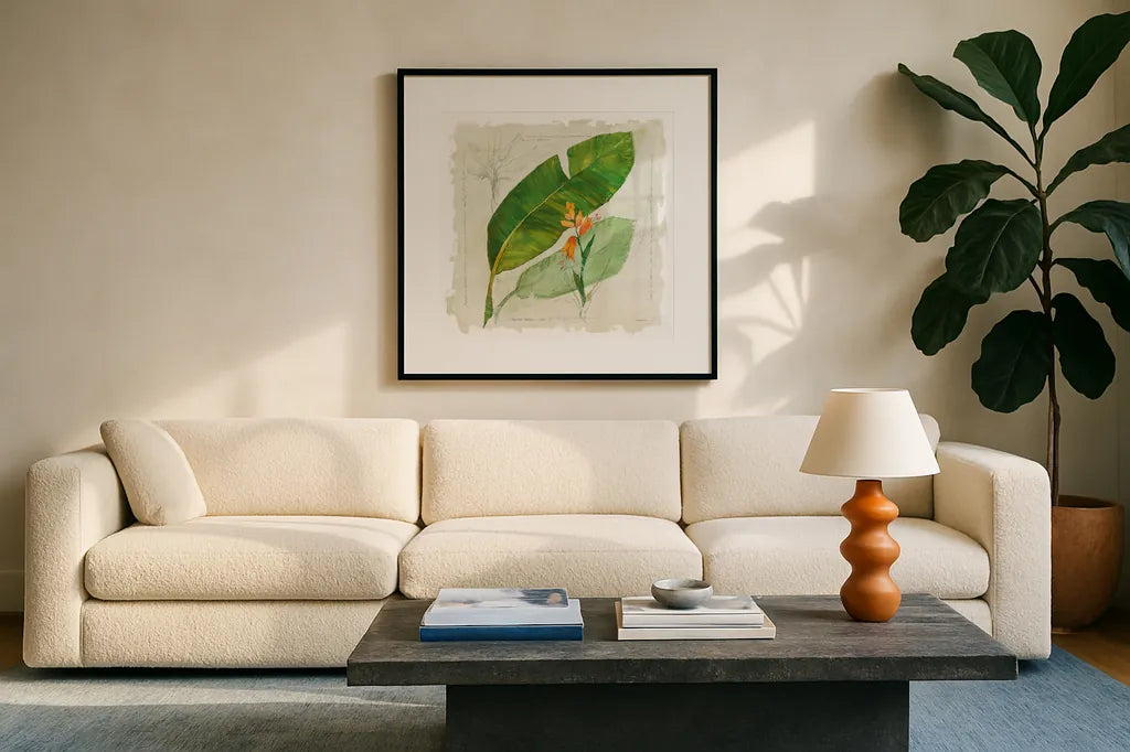 Botanical Study I Light by Avery Tillmon. Displayed in a glass frame with matte in a clean modern living room. Available as an archival giclee rolled canvas, fine art paper, or poster print. SKU 47397a.