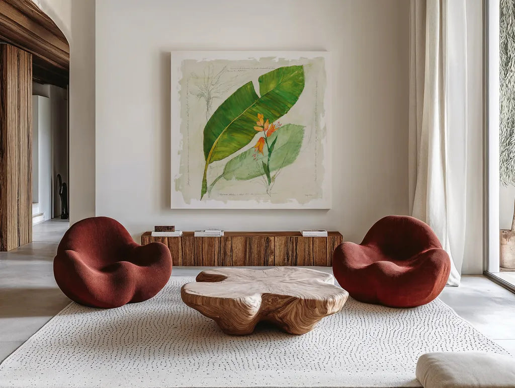 Botanical Study I Light by Avery Tillmon. Shown as extra-large giant wall art in a modern living room. Available as an archival giclee rolled canvas, fine art paper, or poster print. SKU 47397a.