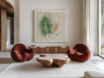 Botanical Study II Light by Avery Tillmon. Shown as extra-large giant wall art in a modern living room. Available as an archival giclee rolled canvas, fine art paper, or poster print. SKU 47398a.