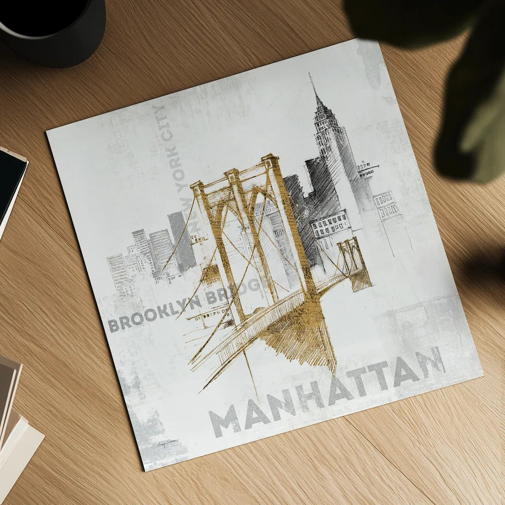 Brooklyn Bridge by Avery Tillmon. Shown as a detailed flat fine art print, highlighting archival giclee quality. Available as an archival giclee rolled canvas, fine art paper, or poster print. SKU 17202a.