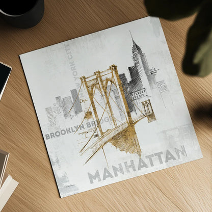 Brooklyn Bridge by Avery Tillmon. Shown as a detailed flat fine art print, highlighting archival giclee quality. Available as an archival giclee rolled canvas, fine art paper, or poster print. SKU 17202a.