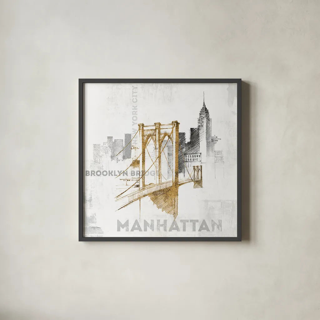 Brooklyn Bridge by Avery Tillmon. Shown in a sleek black glass frame for a contemporary gallery look. Available as an archival giclee rolled canvas, fine art paper, or poster print. SKU 17202a.