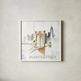 Brooklyn Bridge by Avery Tillmon. Shown in a crisp white glass frame for a clean and minimalist style. Available as an archival giclee rolled canvas, fine art paper, or poster print. SKU 17202a.