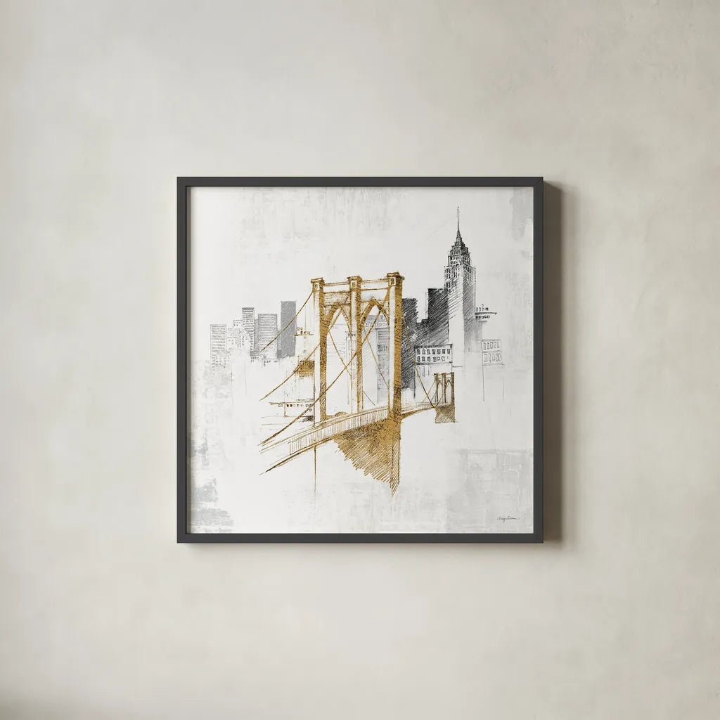 Brooklyn Bridge No Words by Avery Tillmon. Shown in a sleek black glass frame for a contemporary gallery look. Available as an archival giclee rolled canvas, fine art paper, or poster print. SKU 49632a.