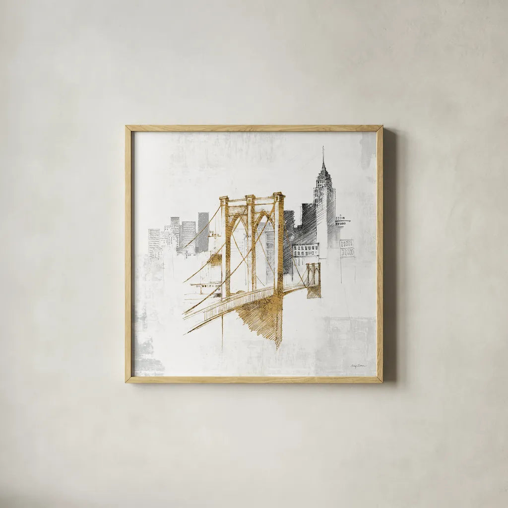 Brooklyn Bridge No Words by Avery Tillmon. Shown in a natural wood glass frame for a timeless modern aesthetic. Available as an archival giclee rolled canvas, fine art paper, or poster print. SKU 49632a.