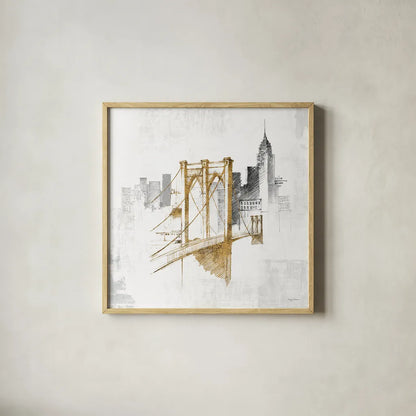 Brooklyn Bridge No Words by Avery Tillmon. Shown in a natural wood glass frame for a timeless modern aesthetic. Available as an archival giclee rolled canvas, fine art paper, or poster print. SKU 49632a.