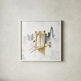 Brooklyn Bridge No Words by Avery Tillmon. Shown in a crisp white glass frame for a clean and minimalist style. Available as an archival giclee rolled canvas, fine art paper, or poster print. SKU 49632a.