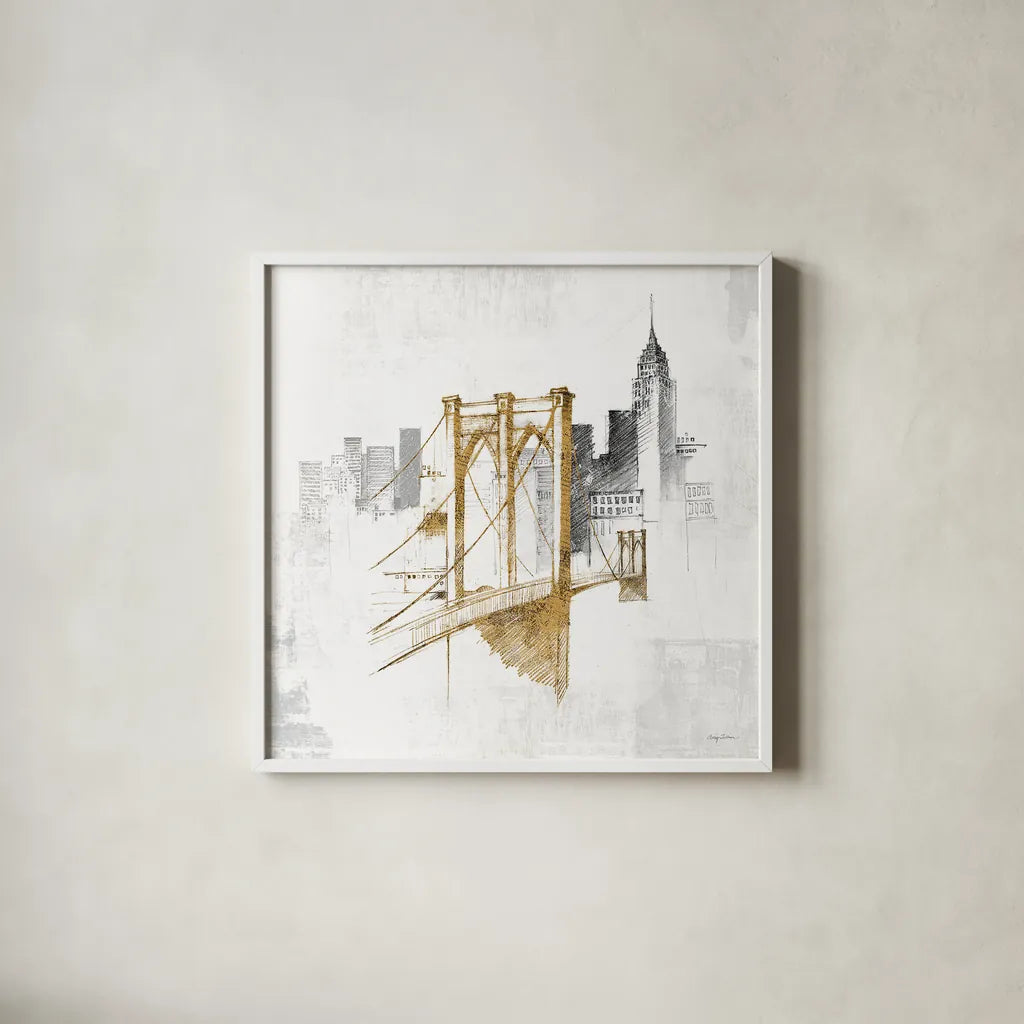Brooklyn Bridge No Words by Avery Tillmon. Shown in a crisp white glass frame for a clean and minimalist style. Available as an archival giclee rolled canvas, fine art paper, or poster print. SKU 49632a.