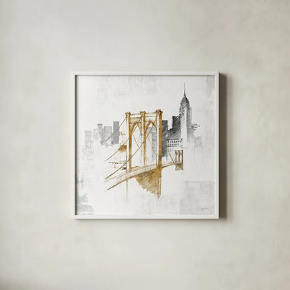 Brooklyn Bridge No Words by Avery Tillmon. Shown in a crisp white glass frame for a clean and minimalist style. Available as an archival giclee rolled canvas, fine art paper, or poster print. SKU 49632a.