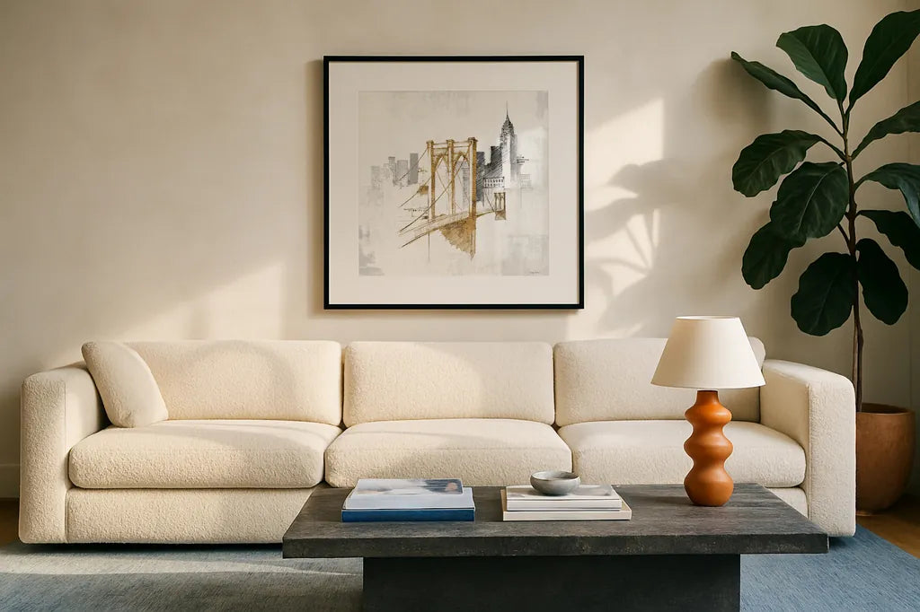 Brooklyn Bridge No Words by Avery Tillmon. Displayed in a glass frame with matte in a clean modern living room. Available as an archival giclee rolled canvas, fine art paper, or poster print. SKU 49632a.