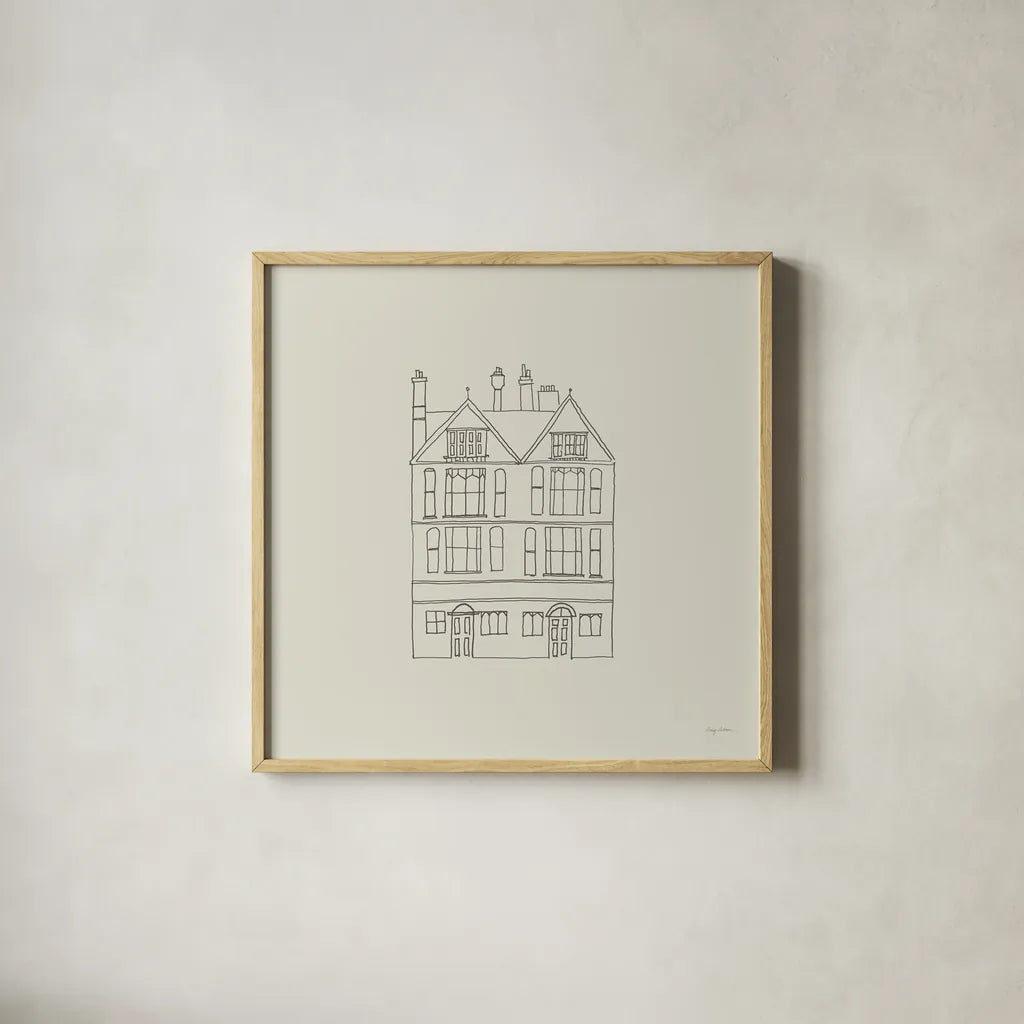 Buildings of London I Sq by Avery Tillmon. Shown in a natural wood glass frame for a timeless modern aesthetic. Available as an archival giclee rolled canvas, fine art paper, or poster print. SKU 80662a.