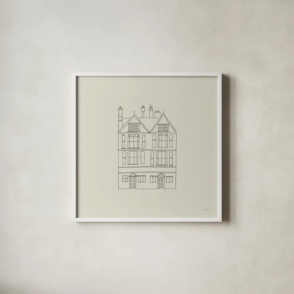 Buildings of London I Sq by Avery Tillmon. Shown in a crisp white glass frame for a clean and minimalist style. Available as an archival giclee rolled canvas, fine art paper, or poster print. SKU 80662a.