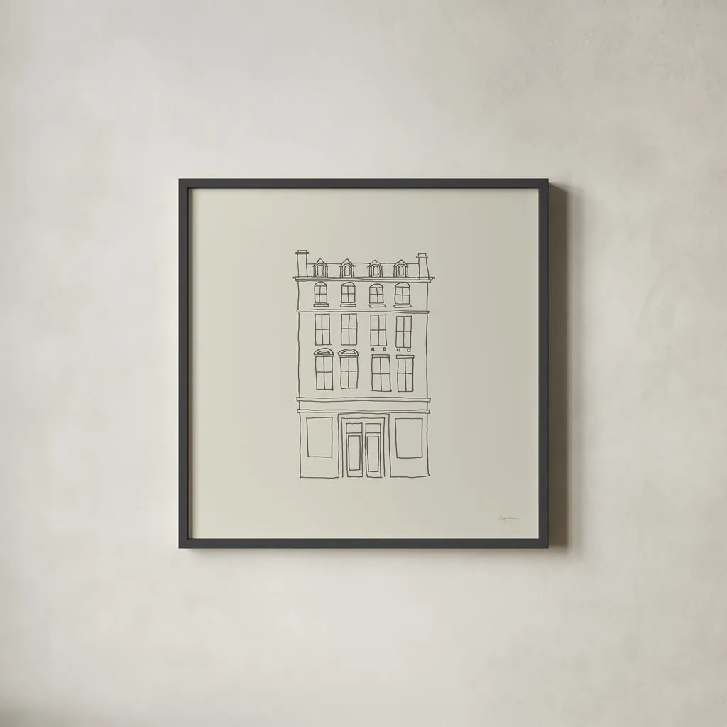 Buildings of London II Sq by Avery Tillmon. Shown in a sleek black glass frame for a contemporary gallery look. Available as an archival giclee rolled canvas, fine art paper, or poster print. SKU 80663a.