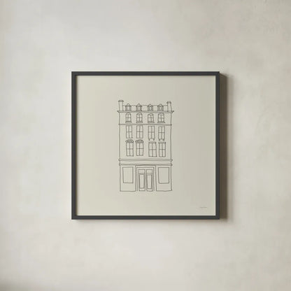 Buildings of London II Sq by Avery Tillmon. Shown in a sleek black glass frame for a contemporary gallery look. Available as an archival giclee rolled canvas, fine art paper, or poster print. SKU 80663a.