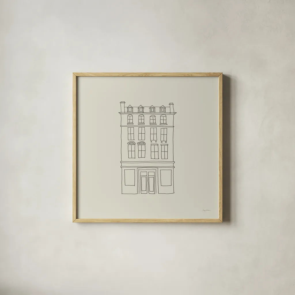 Buildings of London II Sq by Avery Tillmon. Shown in a natural wood glass frame for a timeless modern aesthetic. Available as an archival giclee rolled canvas, fine art paper, or poster print. SKU 80663a.
