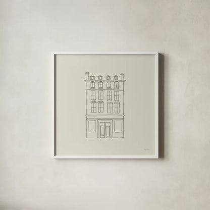 Buildings of London II Sq by Avery Tillmon. Shown in a crisp white glass frame for a clean and minimalist style. Available as an archival giclee rolled canvas, fine art paper, or poster print. SKU 80663a.