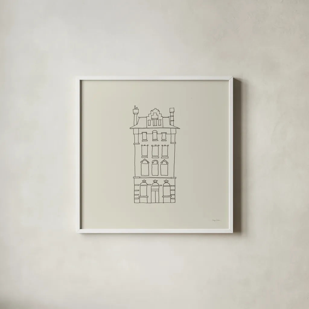 Buildings of London III Sq by Avery Tillmon. Shown in a crisp white glass frame for a clean and minimalist style. Available as an archival giclee rolled canvas, fine art paper, or poster print. SKU 80664a.