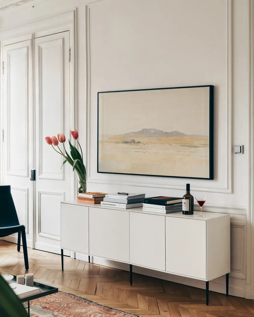 Buttermilk Sky by Avery Tillmon. shown as a framed stretched canvas in a living room above a console. Available as a archival giclee rolled canvas, fine art paper, or poster print. SKU 41454i.