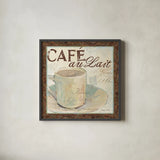 Cafe du Matin I by Avery Tillmon. Shown in a sleek black glass frame for a contemporary gallery look. Available as an archival giclee rolled canvas, fine art paper, or poster print. SKU 1002a.