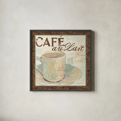 Cafe du Matin I by Avery Tillmon. Shown in a sleek black glass frame for a contemporary gallery look. Available as an archival giclee rolled canvas, fine art paper, or poster print. SKU 1002a.