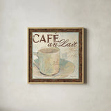 Cafe du Matin I by Avery Tillmon. Shown in a natural wood glass frame for a timeless modern aesthetic. Available as an archival giclee rolled canvas, fine art paper, or poster print. SKU 1002a.