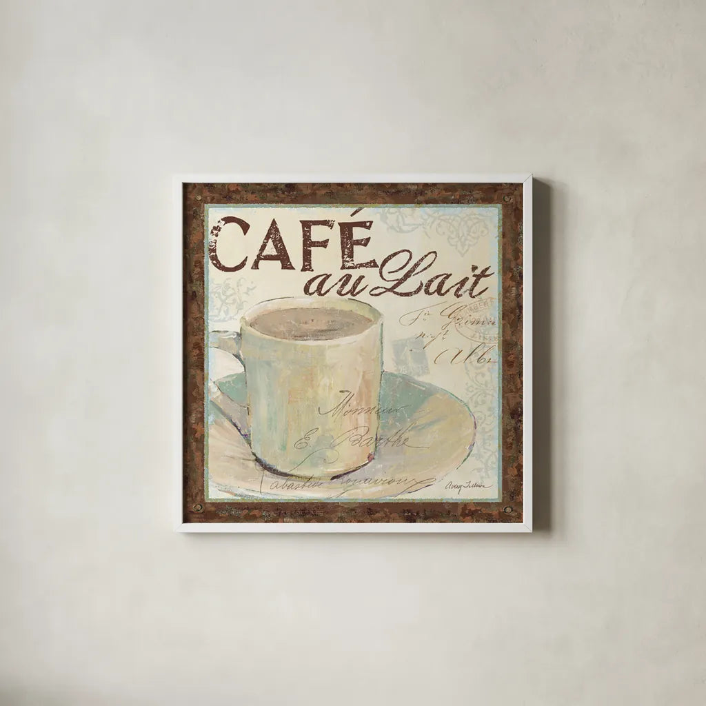 Cafe du Matin I by Avery Tillmon. Shown in a crisp white glass frame for a clean and minimalist style. Available as an archival giclee rolled canvas, fine art paper, or poster print. SKU 1002a.