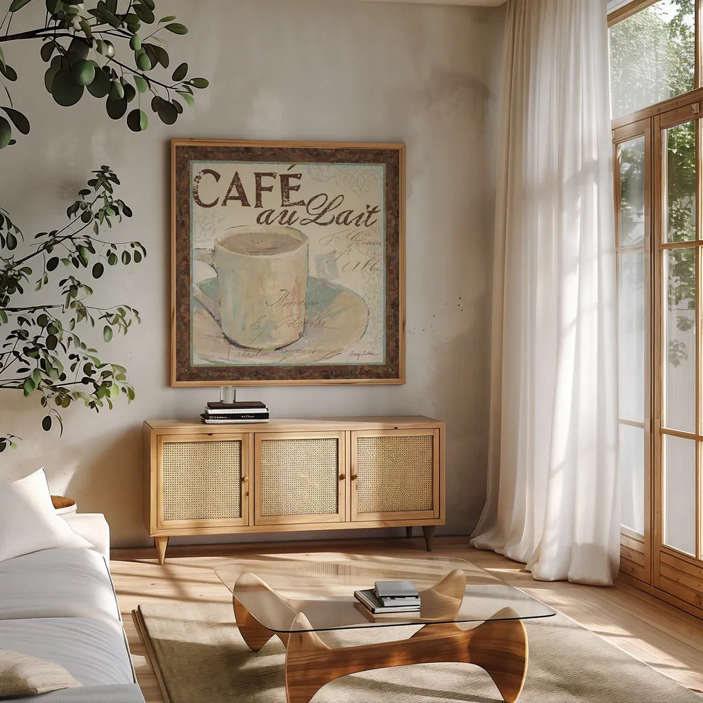 Cafe du Matin I by Avery Tillmon. Shown in a natural wood frame in a cozy modern living room. Available as an archival giclee rolled canvas, fine art paper, or poster print. SKU 1002a.