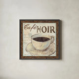 Cafe du Matin II by Avery Tillmon. Shown in a sleek black glass frame for a contemporary gallery look. Available as an archival giclee rolled canvas, fine art paper, or poster print. SKU 1003a.
