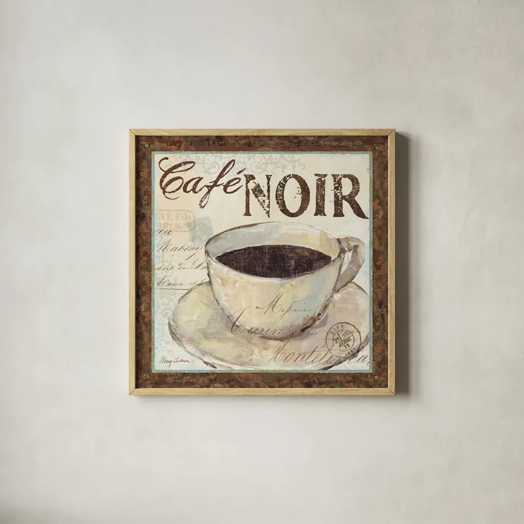 Cafe du Matin II by Avery Tillmon. Shown in a natural wood glass frame for a timeless modern aesthetic. Available as an archival giclee rolled canvas, fine art paper, or poster print. SKU 1003a.