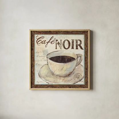 Cafe du Matin II by Avery Tillmon. Shown in a natural wood glass frame for a timeless modern aesthetic. Available as an archival giclee rolled canvas, fine art paper, or poster print. SKU 1003a.