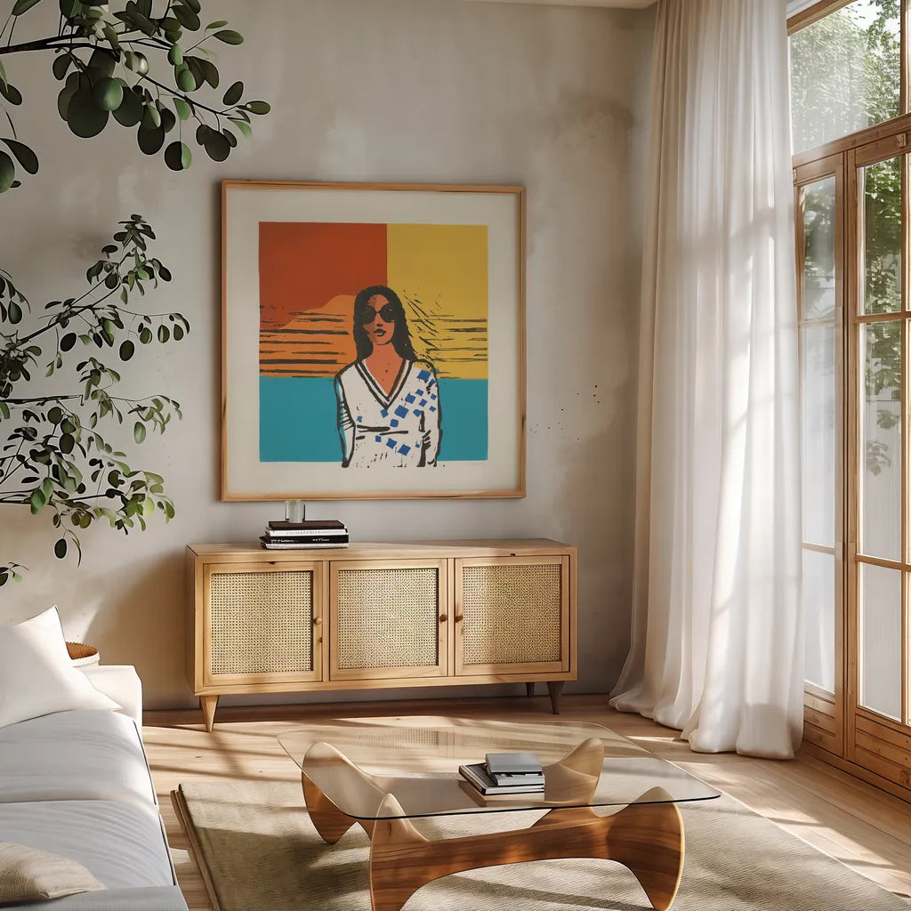Camila by Avery Tillmon. Shown in a natural wood frame in a cozy modern living room. Available as an archival giclee rolled canvas, fine art paper, or poster print. SKU 46772a.