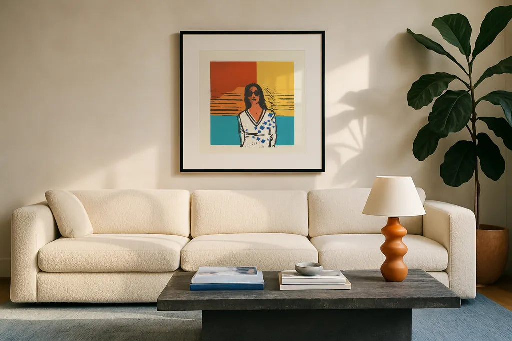 Camila by Avery Tillmon. Displayed in a glass frame with matte in a clean modern living room. Available as an archival giclee rolled canvas, fine art paper, or poster print. SKU 46772a.