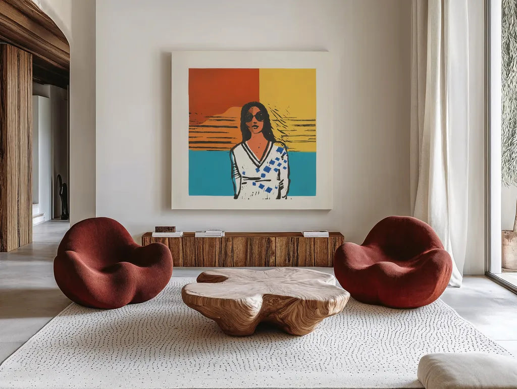 Camila by Avery Tillmon. Shown as extra-large giant wall art in a modern living room. Available as an archival giclee rolled canvas, fine art paper, or poster print. SKU 46772a.