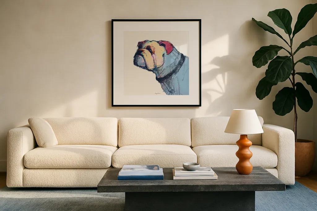 Castor Watercolor Pastel by Avery Tillmon. Displayed in a glass frame with matte in a clean modern living room. Available as an archival giclee rolled canvas, fine art paper, or poster print. SKU 54622a.