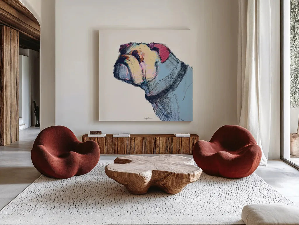 Castor Watercolor Pastel by Avery Tillmon. Shown as extra-large giant wall art in a modern living room. Available as an archival giclee rolled canvas, fine art paper, or poster print. SKU 54622a.